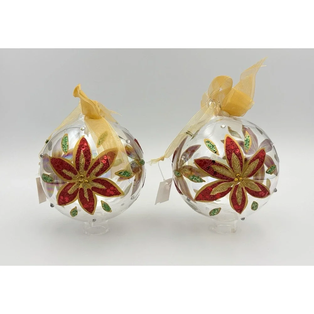 Dillards Trimmings Blown Glass Christmas Ornaments Set 2 Red Poinsettia Gold VTG